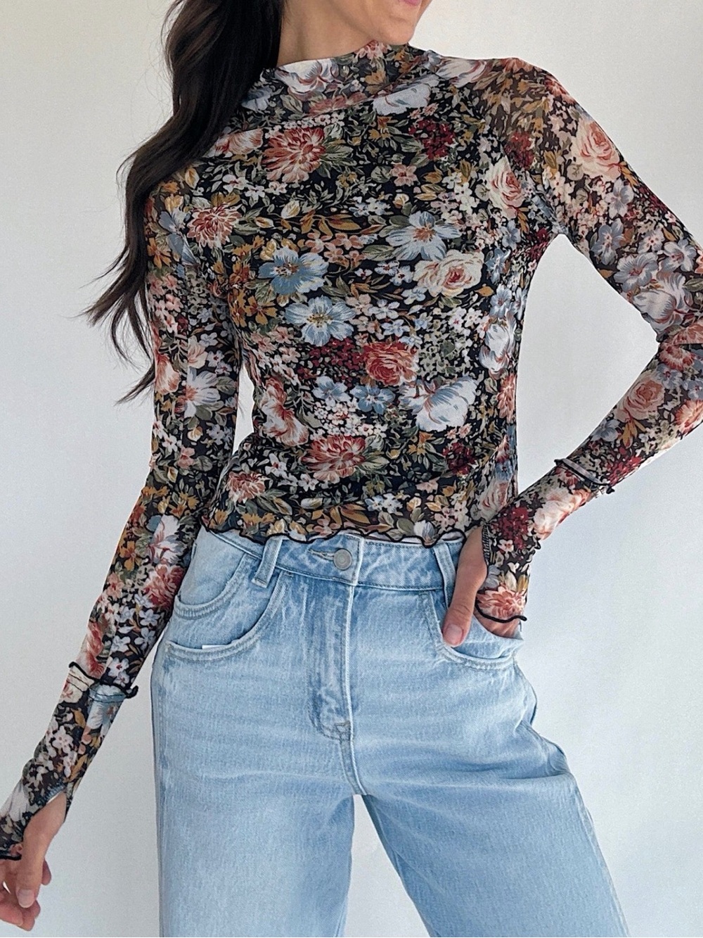 Long Sleeve Floral Semi Sheer Lined Mesh Mock-Neck Top